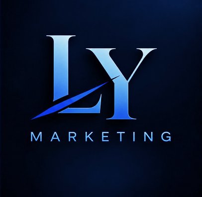 LY Marketing logo: a blue LY monogram cut by a swoosh above the word Marketing, on a deep navy background